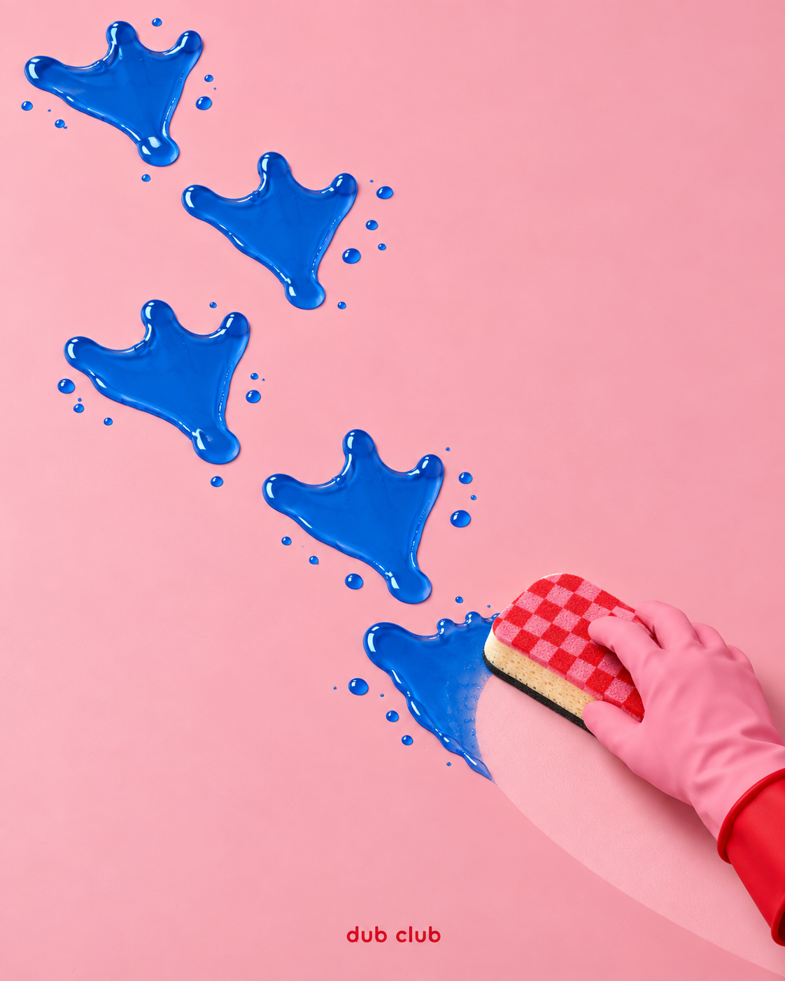 Blue duck footprint puddles being wiped by a pink-gloved hand